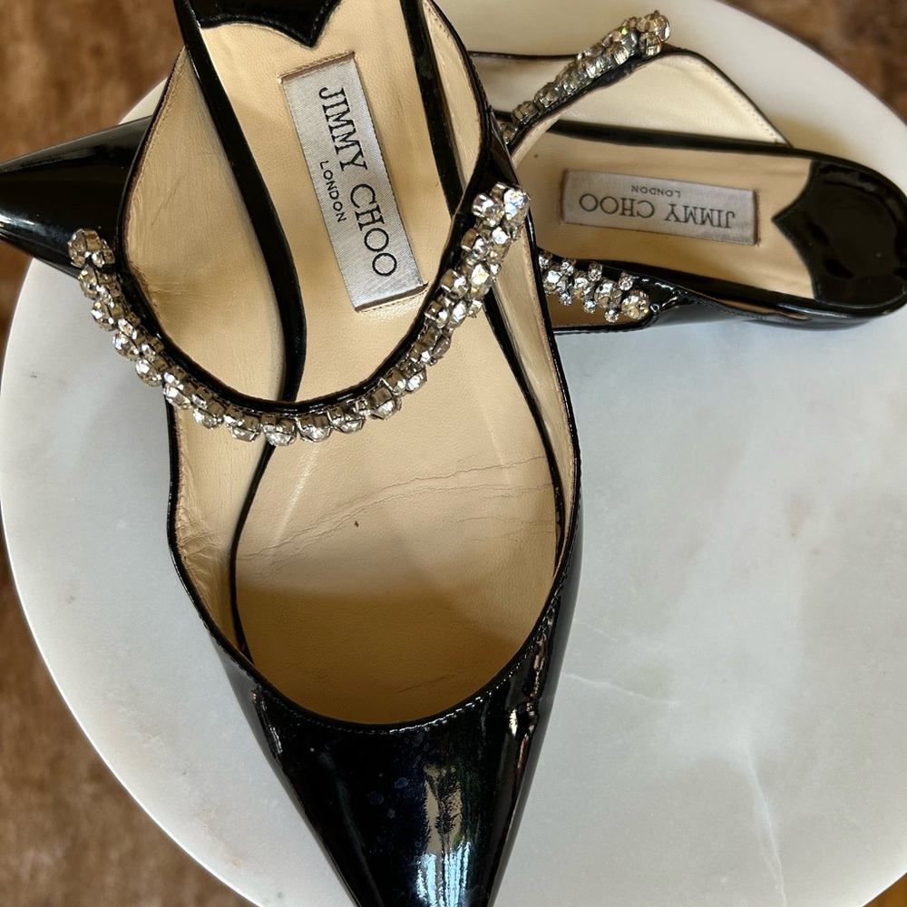 Jimmy Choo Black Patent Heels with Crystal Strap